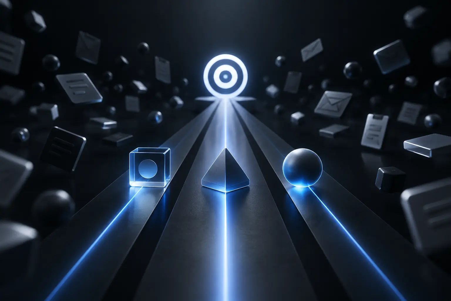 ثلاثة مسارات مضيئة للأولويات تتجه نحو هدف واضح وسط مهام مشتتة